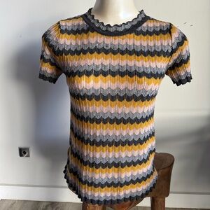 Multi Color Retro Chevron Missoni Style short sleeved Knit Cotton Blend Top SM
